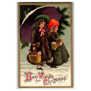 Vintage Christmas Postcard Two Girls with Umbrella Snow Scene 1911